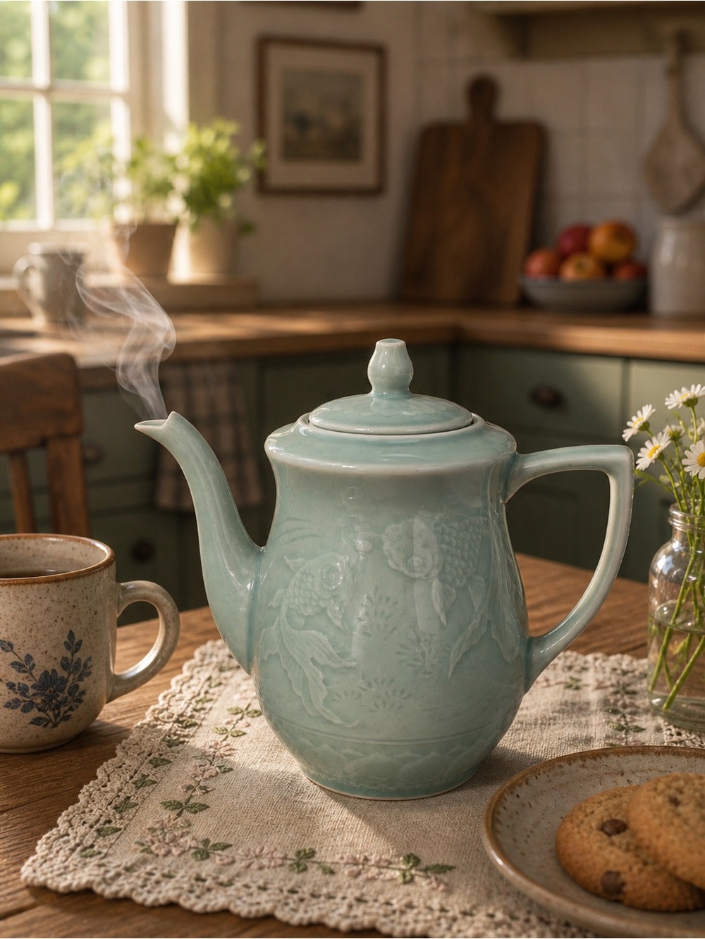 Longquan Celedon Vintage Pale Green Goldfish Koi Teapot